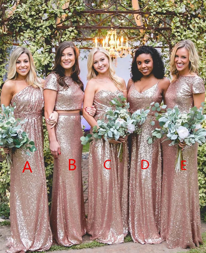 Top Trends: Sparkly Rose Gold Sequins Mermaid Bridesmaid Dresses Plus Size 2022 New Short Sleeves Backless Long Beach Maid Of Honor Wear Shoppable Styles