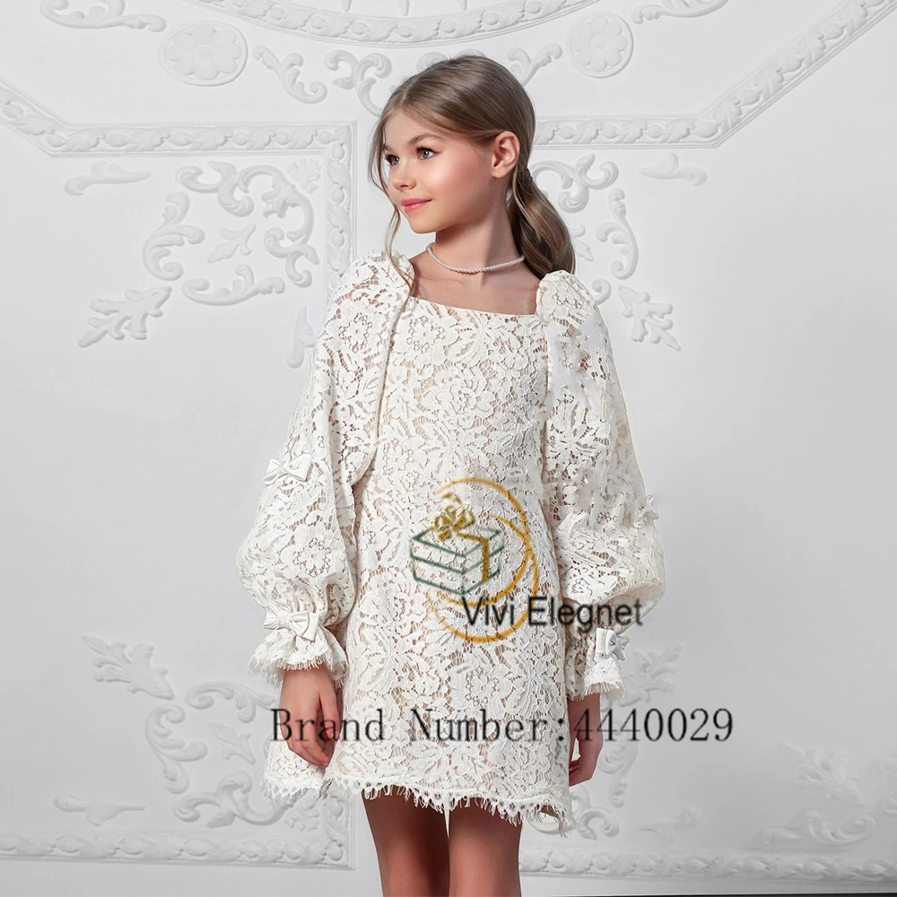 Top Trends: Ivory Full Sleeve Flower Girl Dresses With Lace Elegant Square Collar Wedding Party Gowns For Birthday New Summer فساتين اطفال ل Shoppable Styles