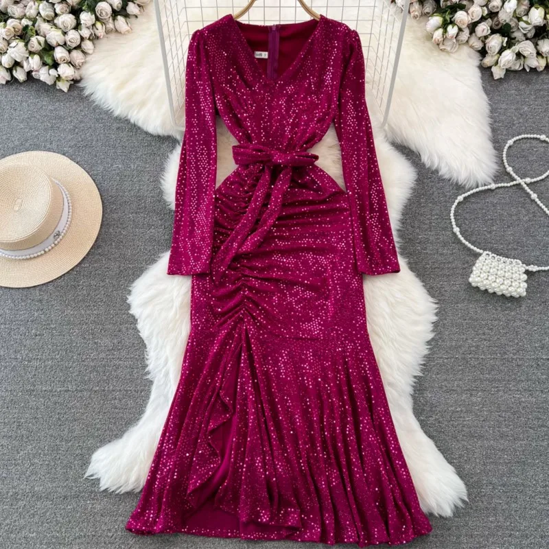 Top Trends: Women Fashion New Casual Sequin A-Line Party Dress Long Sleeve Autumn Elegant Prom Birthday One Pieces Robe Female Vestidos Shoppable Styles