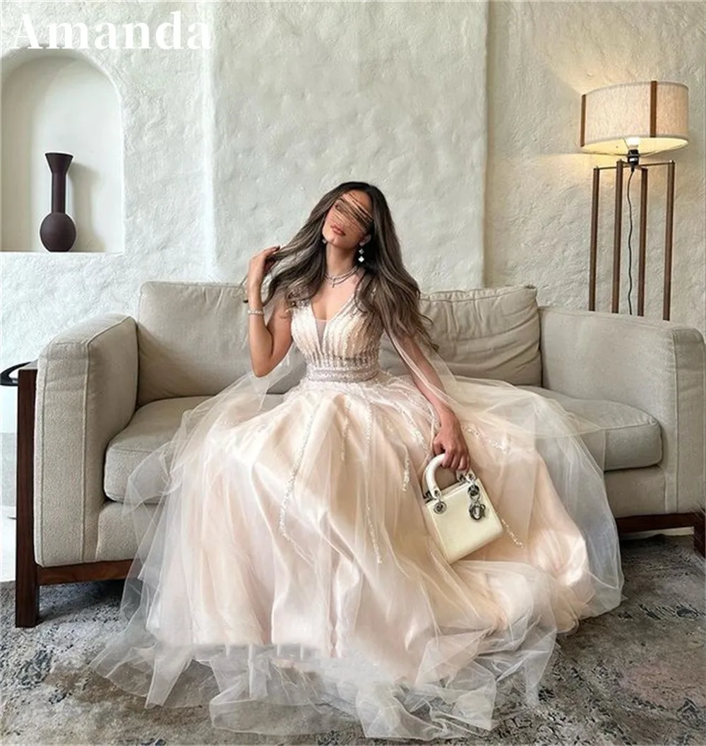 Top Trends: Amanda Luxury Gliiter Beige Prom Dress 2023 Shiny Sequins Ball Gown Vestidos De Noche Court V-neck A-line فساتين مناسبة رسمية Shoppable Styles