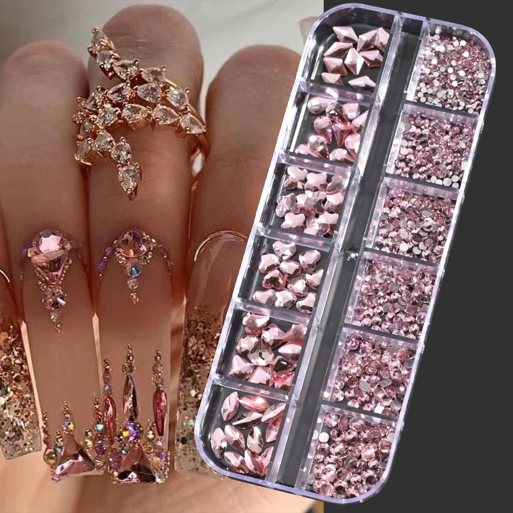 Top Trends: 720-1000pcs Pink Crystal Nail Rhinestones 3D Flatback Pink Non-Hotfix Nail Glitter Diamond 12Grids / Box Christmas Pink Jewelry Shoppable Styles