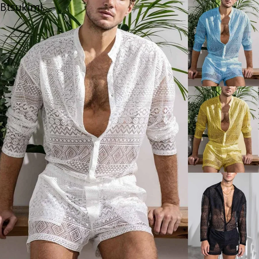 Top Trends: New Summer Men's Two Piece Suits Sets See Through Lace Outfits Beach Plain Pattern Print Long Sleeved Tops And Shorts Set Male Shoppable Styles