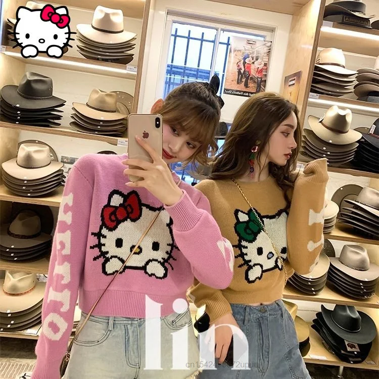 Top Trends: Women New Pullover Loose Pink Sweater Sanrio Hello Kitty Jacquard Design Streetwear Fashion Clothes For Women Korean Short Tops Shoppable Styles