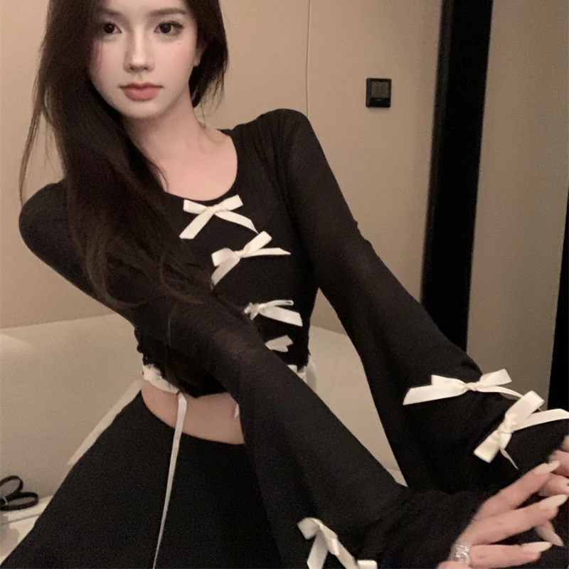 Top Trends: Bow T-shirt Women Autumn New Arrival O-neck Slimming Flared Sleeve Long Sleeve Short Tops Korean Style Hotsweet Female Tops Shoppable Styles