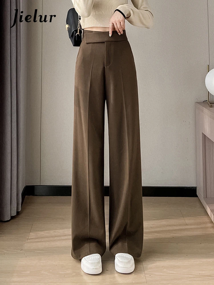 Top Trends: Jielur Chic Straight Zipper New Casual Women Pants High Waist Loose Pure Color Fashion Office Lady Simple Female Wide Leg Pants Shoppable Styles