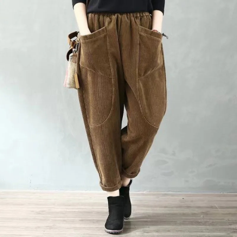 Top Trends: Women Baggy Pants Winter Velvet Versatile Casual Solid Color Elastic Waist Loose Corduroy Pants Women Thick Cargo Harem Trousers Shoppable Styles