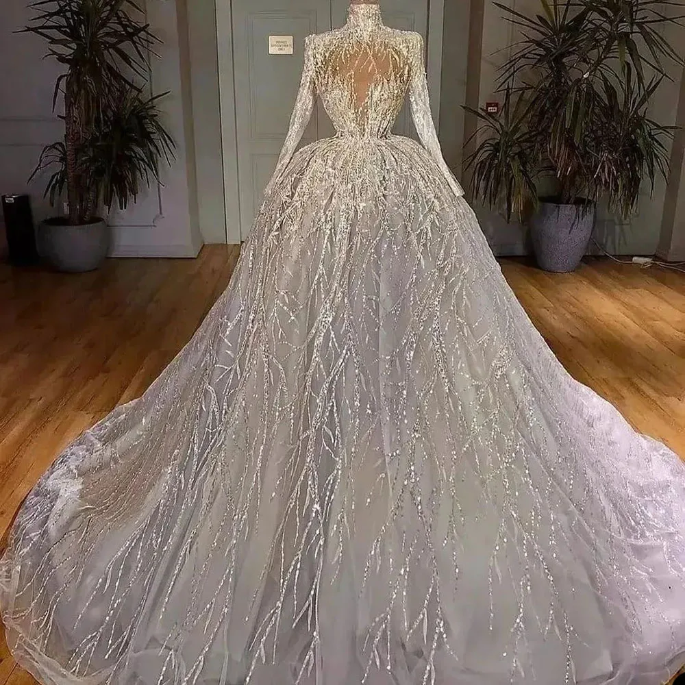 Top Trends: Saudi Arabia Ball Gown Wedding Dress Sequins Appliques Illusion High Neck Long Sleeve Luxury Bridal Gowns Crystal Bride Robes Shoppable Styles