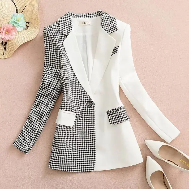 Top Trends: Fashion Lapel Button Spliced Houndstooth Blazer Women&#039;s Clothing 2023 Autumn Winter Loose Korean Tops Asymmetrical Blazers Shoppable Styles