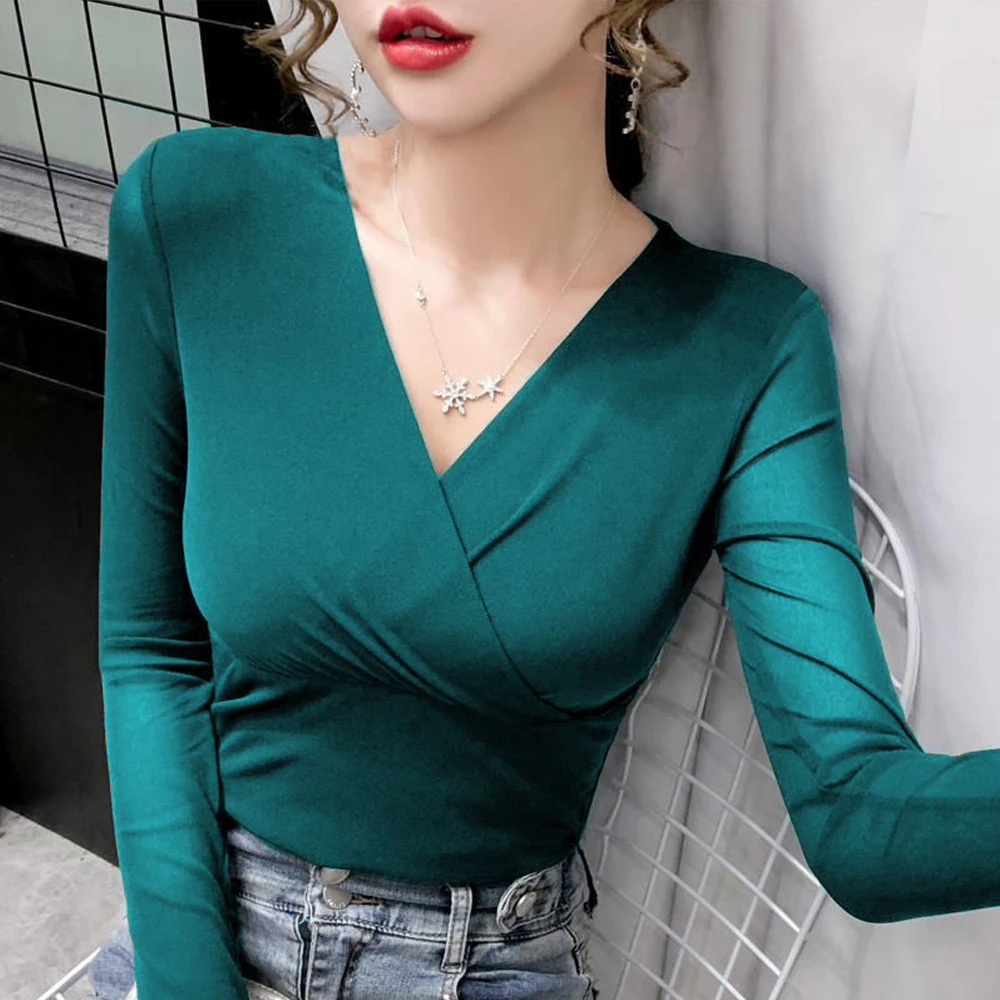 Top Trends: New Fashion Slim Stretch V Neck Tops Women Sexy Elastic Tees S-4XL Basic Long Sleeve T-shirt Ladies Red Purple Black White Shirt Shoppable Styles