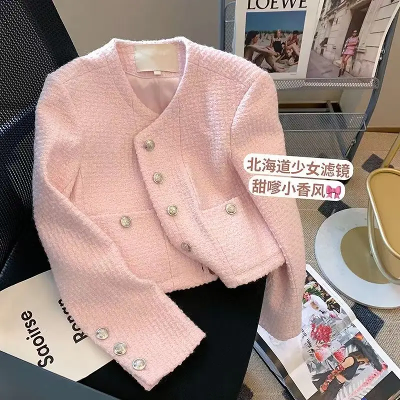 Top Trends: Pink Korean Cropped Tweed Jacket Women Luxury Spring Autumn Round Neck Design Coat Ladies Office Single Breasted Vintage Outwear Shoppable Styles