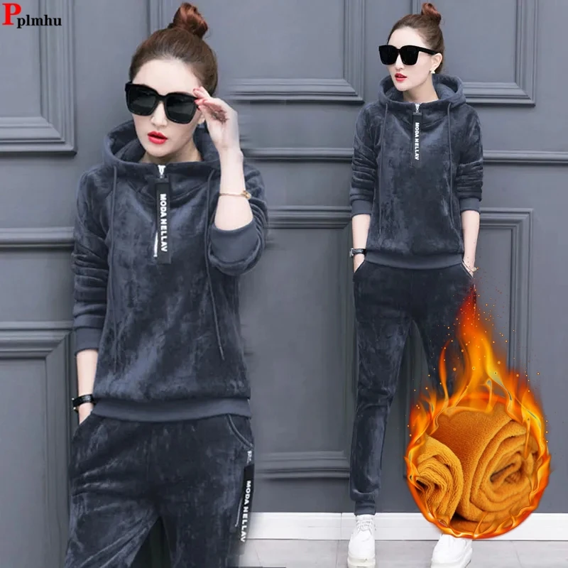 Top Trends: Winter Thicken Velvet 2 Pieces Sets Hooded Sweatshirt Tops Tracksuit High Waist Harem Ankle Length Pant Suits Plush Lined Outfit Shoppable Styles