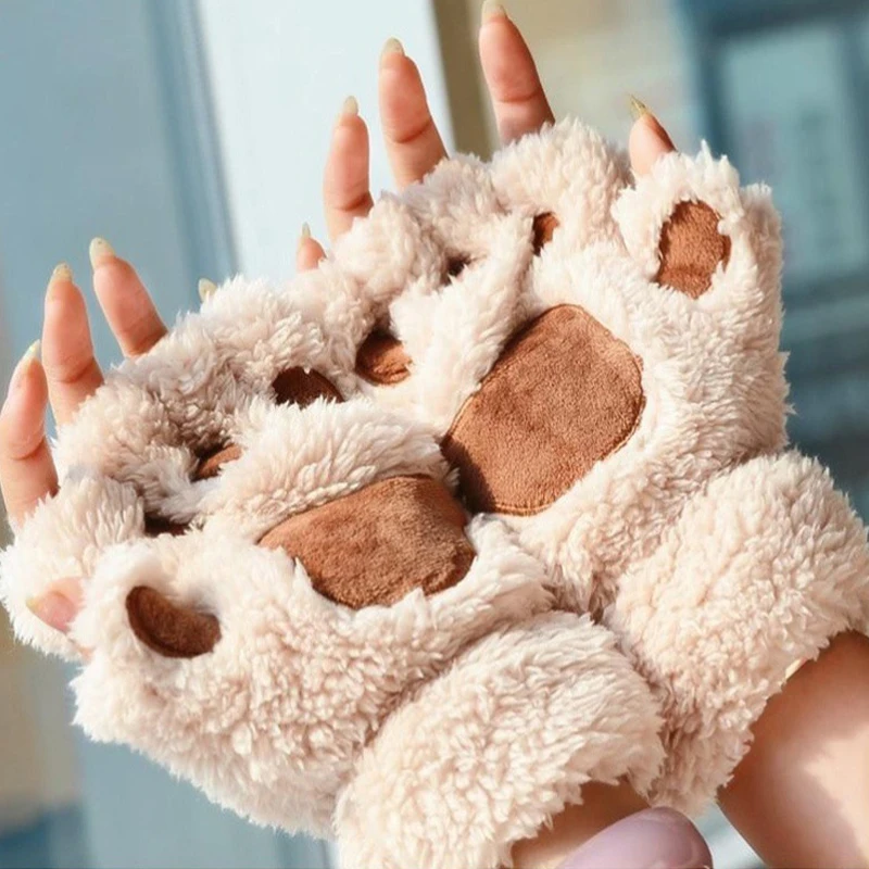 Top Trends: Cat Paw Gloves Winter Cute Cartoon Cat Girl Open Finger Gloves Thickened Fluffy Bear Paw Half Finger Gloves Shoppable Styles