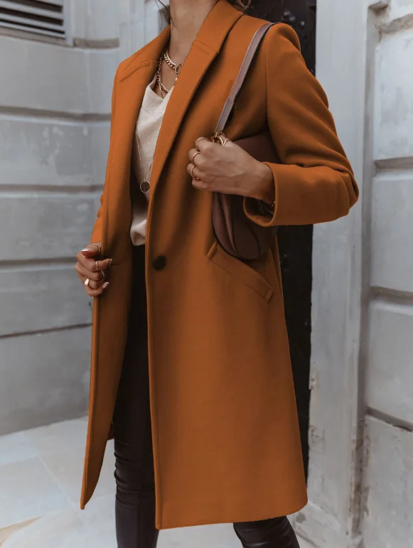 Top Trends: Women's Long Coat Solid Color Trench Coat Fashion Commuting Long Sleeved Lapel Button Woolen Coat Winter Elegant Overcoat Shoppable Styles