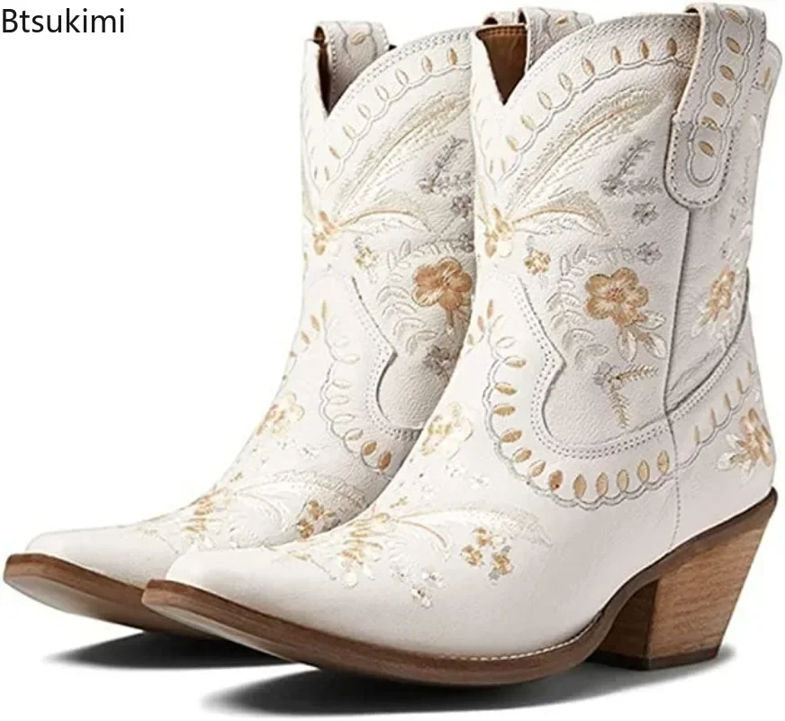 Top Trends: New 2024 Embroidered Western Boots For Women Ankle Bootie Cowboy Cowgirls Flower Print Fashion Chunke Heel Slip On Ankle Boots Shoppable Styles