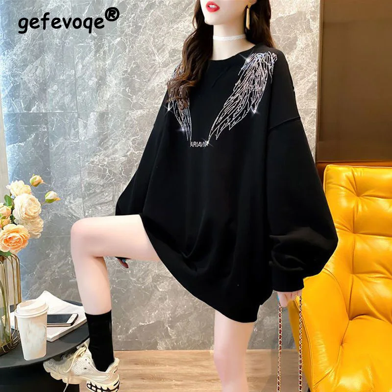 Top Trends: Rhinestone Wing Chic Black Korean Streetwear Oversized Female Sweatshirt Casual O Neck Long Sleeve Pullovers Tops Women Clothing Shoppable Styles