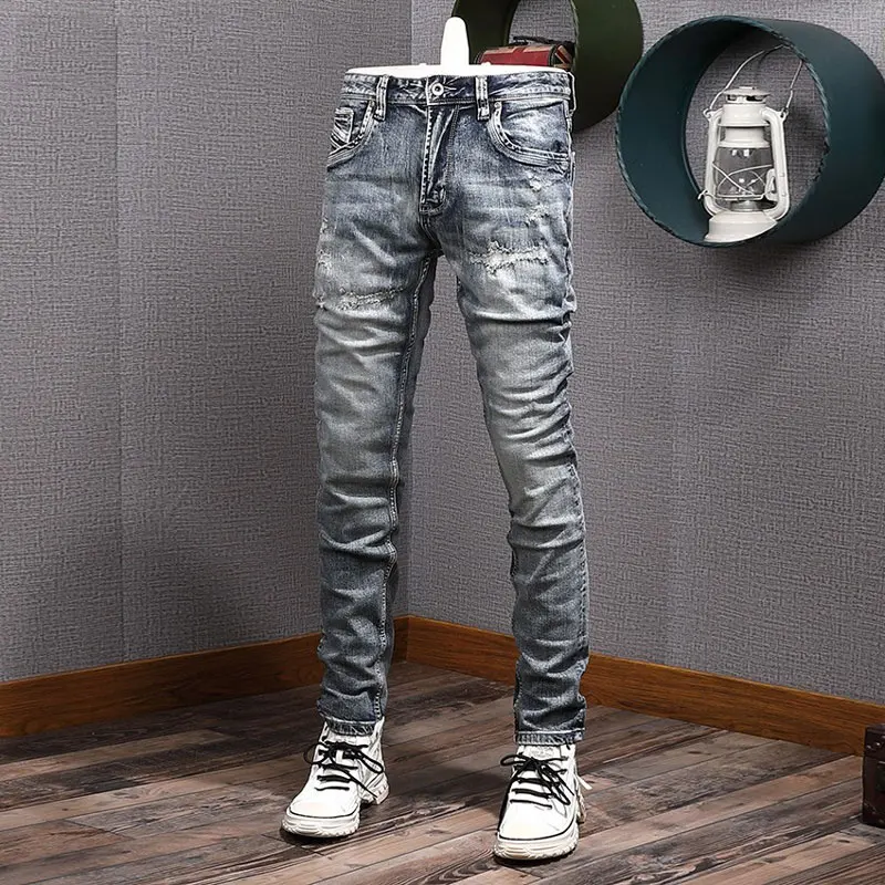 Top Trends: Fashion Designer Men Jeans Retro Washed Blue Gray High Quality Elastic Slim Fit Ripped Jeans Men Vintage Denim Pants Hombre Shoppable Styles