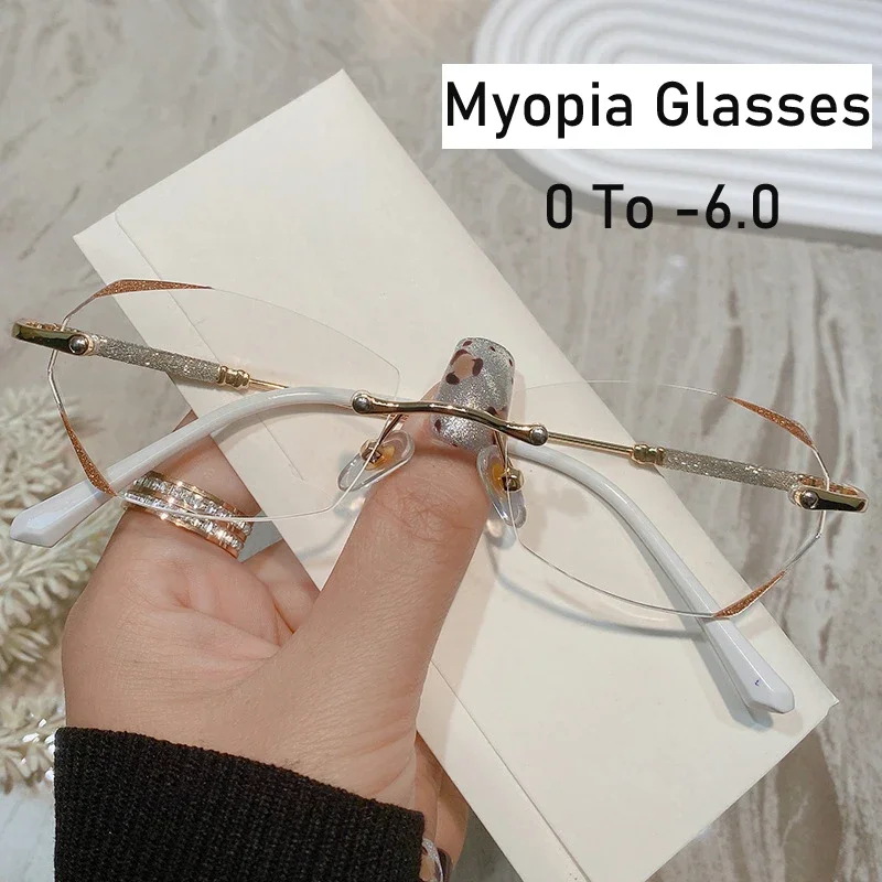 Top Trends: Finished Prescription Nearsighted Glasses Blue Light Blocking Women Men Diamond Cutting Minus Eyeglasses Rimless Myopia Glasses Shoppable Styles