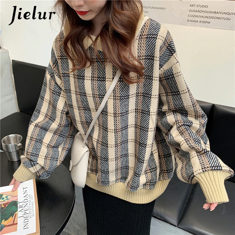 Top Trends: Patchwork Lapel Plaid Hoodies Women Loose Apricot All-match Sweatshirt Winter Black Hooded Pullover Long Sleeve Femme Top Shoppable Styles