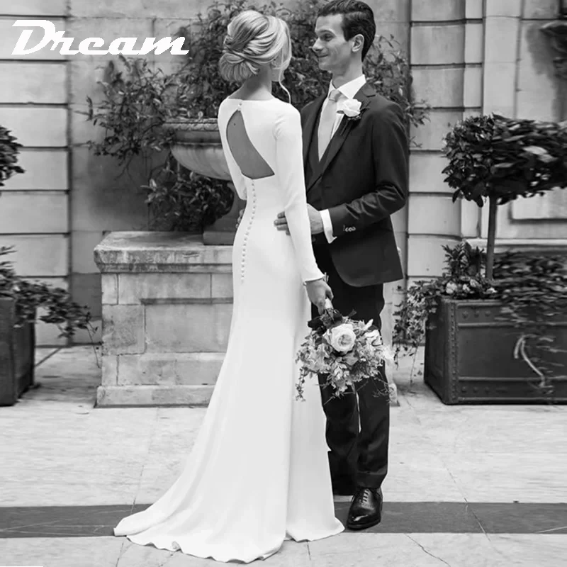 Top Trends: DREAM Crepe Simple Sheath Wedding Dresses 2023 Long Sleeve Elegant Bridal Dress Open Back Bride Wedding Gowns Floor Length Shoppable Styles