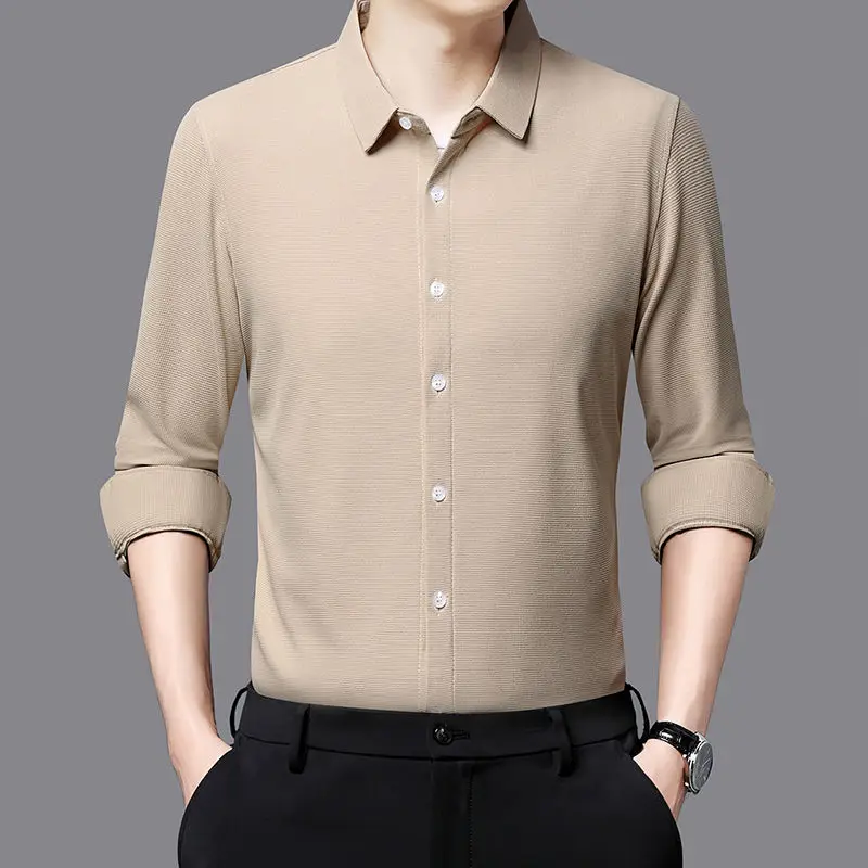 Top Trends: Autumn New Waffle Shirt Men Solid Square Neck Button Slim Handsome Advanced French Simple Business Casual Long Sleeved Tops 2023 Shoppable Styles