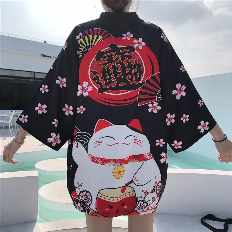 Top Trends: New 2020 White Black Lucky Cat Loose Summer Beach Cardigan Women Harajuku Japanese Kimono Style Tops Blouse Clothing Shoppable Styles