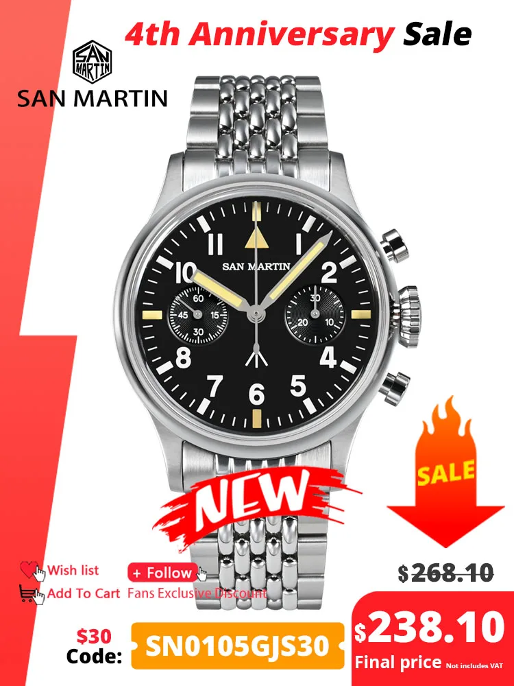 Top Trends: San Martin 38.5mm Mens Chronograph Pilot Watch Luxury ST1901 Manual Mechanical Simple Military Flieger Sapphire 10 ATM Luminous Shoppable Styles