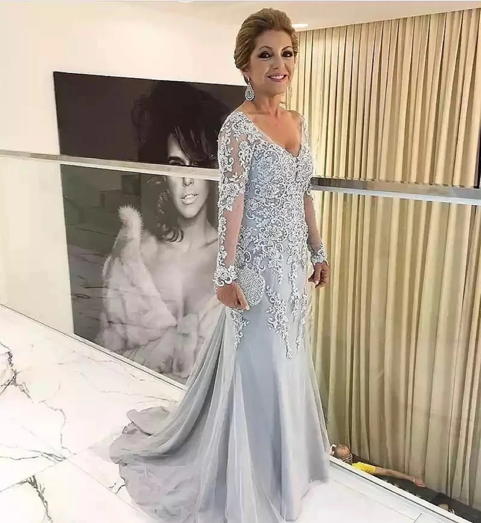 Top Trends: 2023 Silver Mermaid Mother Of The Bride Dress Long Sleeve Beaded Tulle Groom Mother Dress Plus Size Wedding Party Guest Gown Shoppable Styles