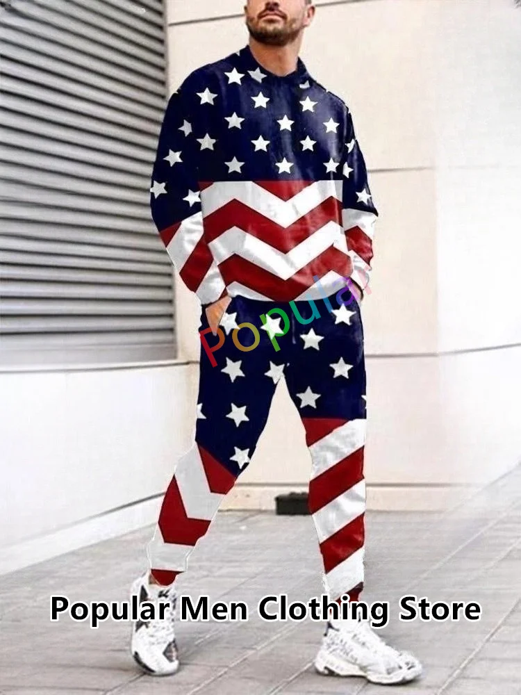 Top Trends: Fashion Men Tracksuit American Flag 3D Printed Long Sleeve T Shirt+ Trousers Set Jogging Suits 2 Piece Outfit Oversized Clothes Shoppable Styles