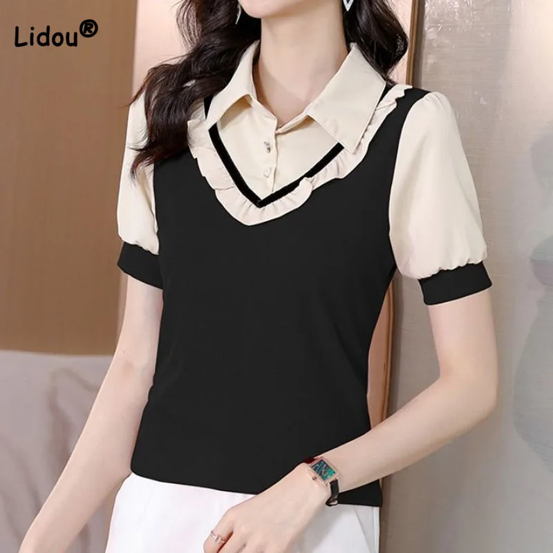 Top Trends: Simplicity Commute Female Fake Two Pieces Polo-Neck Shirt Summer Office Lady Fashion Spliced Solid Color Blouse Women&#039;s Clothing Shoppable Styles