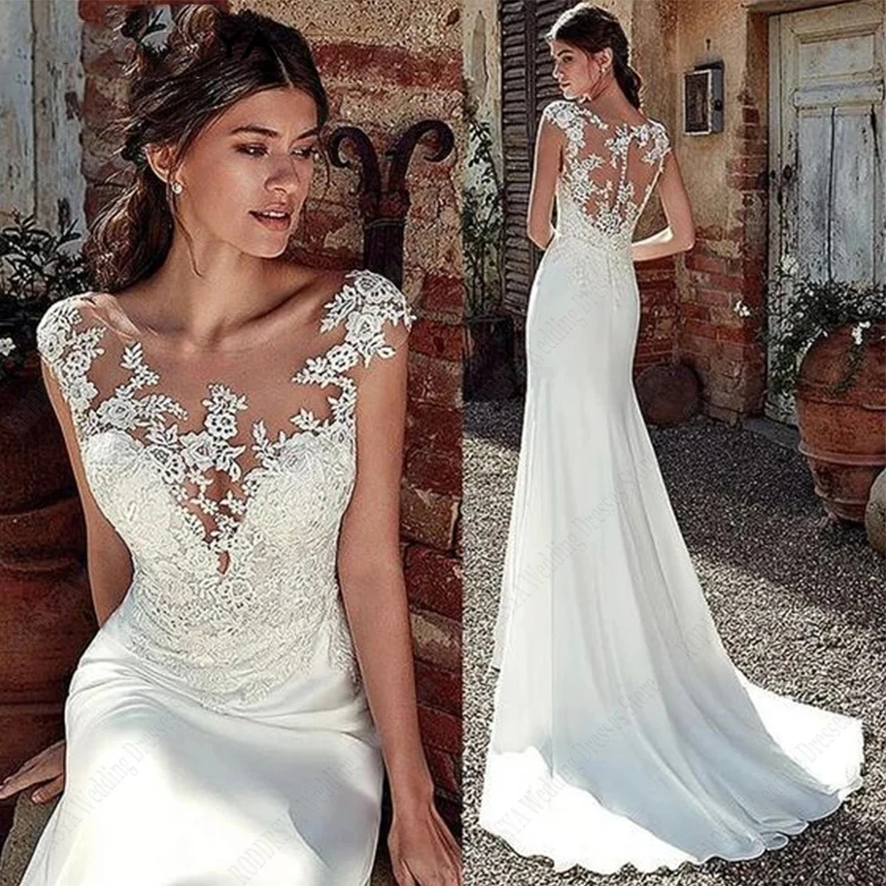 Top Trends: Beautiful Fascinating Round Neck New Lace Applique Mermaid Mopping Short Sleeve Gorgeous Wedding Dresses Chapel Train New 2024 Shoppable Styles