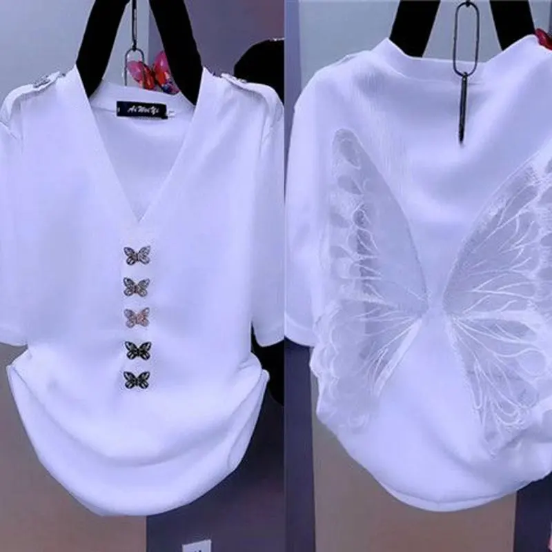 Top Trends: Korean Solid Color T-shirt Stylish Butterfly Three-dimensional Decoration Female Summer Elegant V-Neck Sexy Backless Pullovers Shoppable Styles