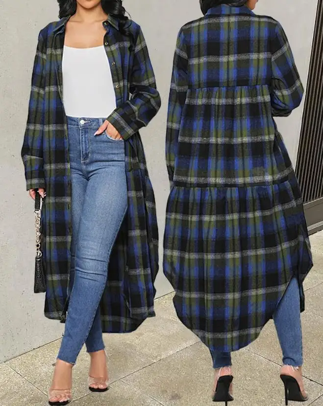 Top Trends: Shacket Longline Plaid Print Curved Hem Buttoned Casual Shirt Jacket For Women Long Sleeves Turn-down Collar Coat Girls Shoppable Styles