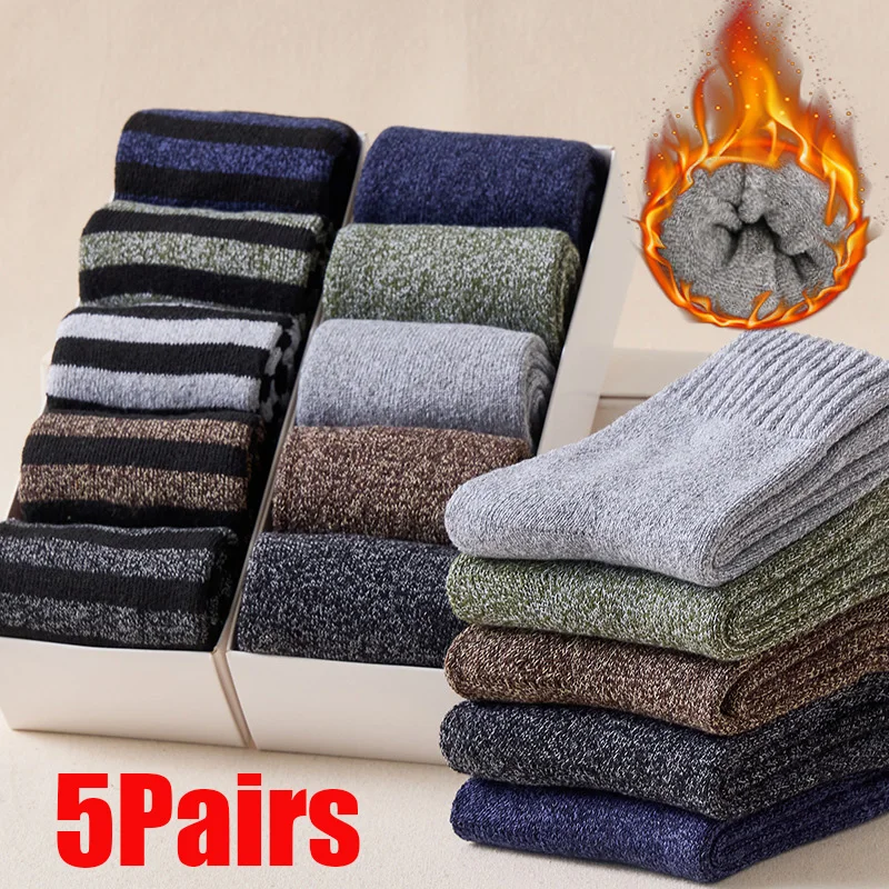 Top Trends: 5 Pairs Socks Men Super Thicker Solid Sock Striped Merino Wool Rabbit Socks Against Cold Snow Russia Winter Warm Soft Male Sock Shoppable Styles