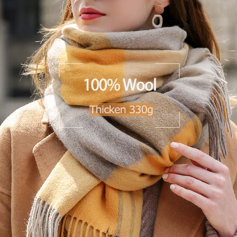 Top Trends: Winter 100% Lamb Wool Scarf Women Luxury Thicken Warm Shawls Wraps Checkered Pashmina Foulard Femme Plaid Cashmere Scarves Shoppable Styles