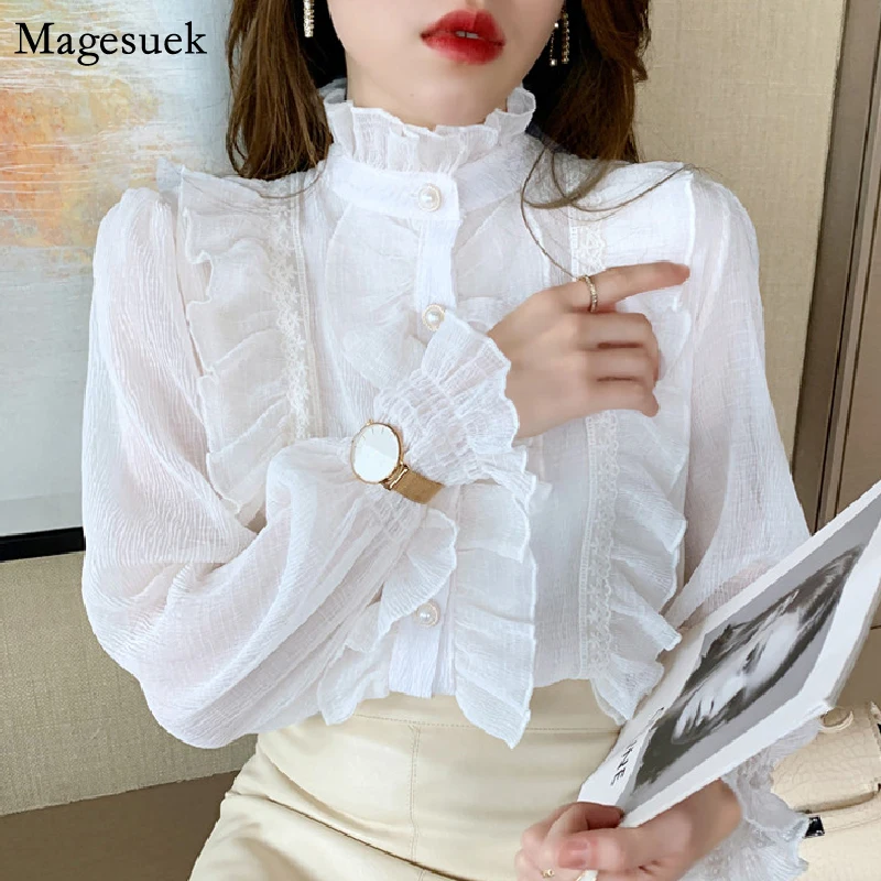 Top Trends: Korean Elegant Chiffon Women Shirt And Blouses Woman Chic Long Sleeve Stand Collar Casual Loose White Tops Lace Ruffles 13433 Shoppable Styles