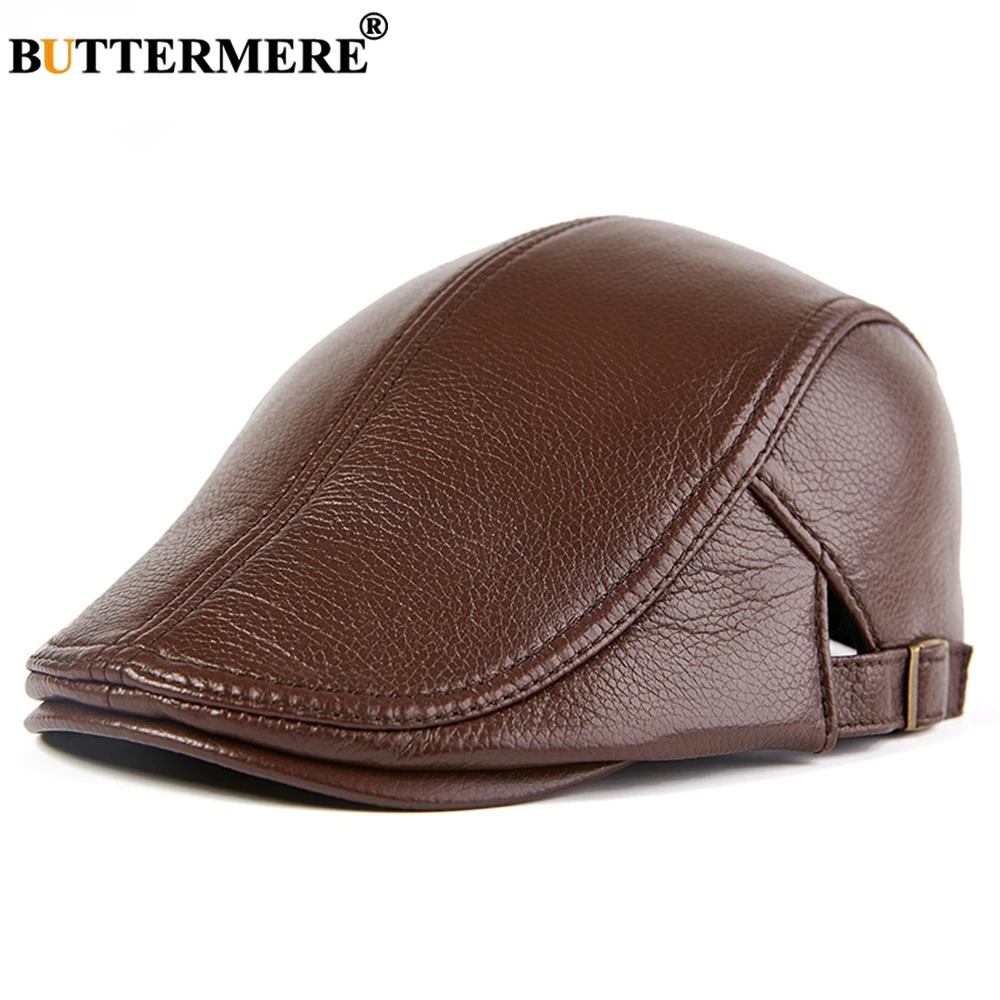 Top Trends: BUTTERMERE Men Beret Hat Real Leather Flat Cap Sheepskin Autumn Winter Male Brown Adjustable High Quality Gatsby Mens Beret Caps Shoppable Styles