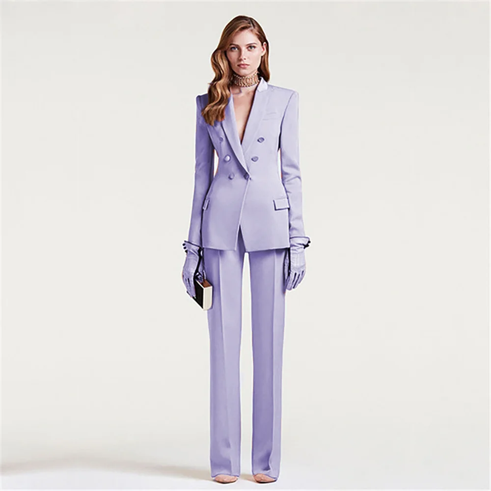 Top Trends: Light Purple Women's Double Breasted Business Suit Female Custom Made Slim Fit Straight Pants Tuxedos Party 2-Pcs Sets Costume Shoppable Styles