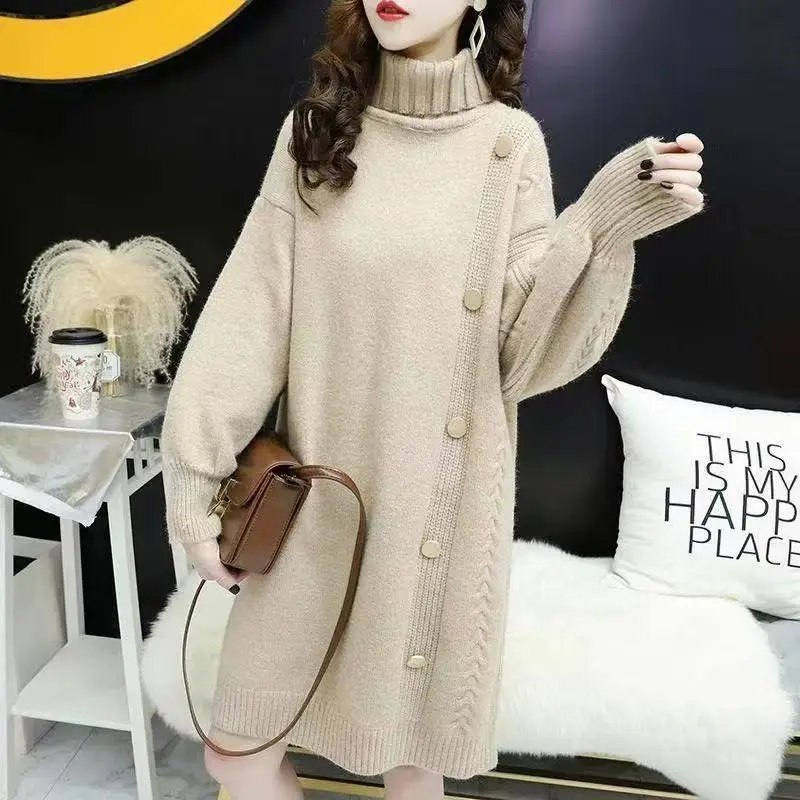 Top Trends: Fashion Turtleneck Knitted Spliced Button Casual Dresses Women's Clothing 2023 Winter New Oversized Commuter Warm Midi Dress Shoppable Styles