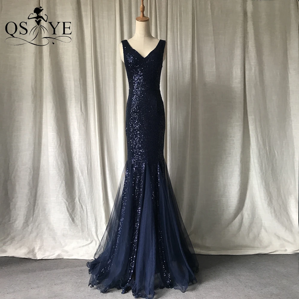 Top Trends: Sequin Navy Evening Dresses V Neck Long Mermaid Prom Gown Sleeveless Tulle Hem Party Dress Glitter Lace Sequin Women Dress Chic Shoppable Styles