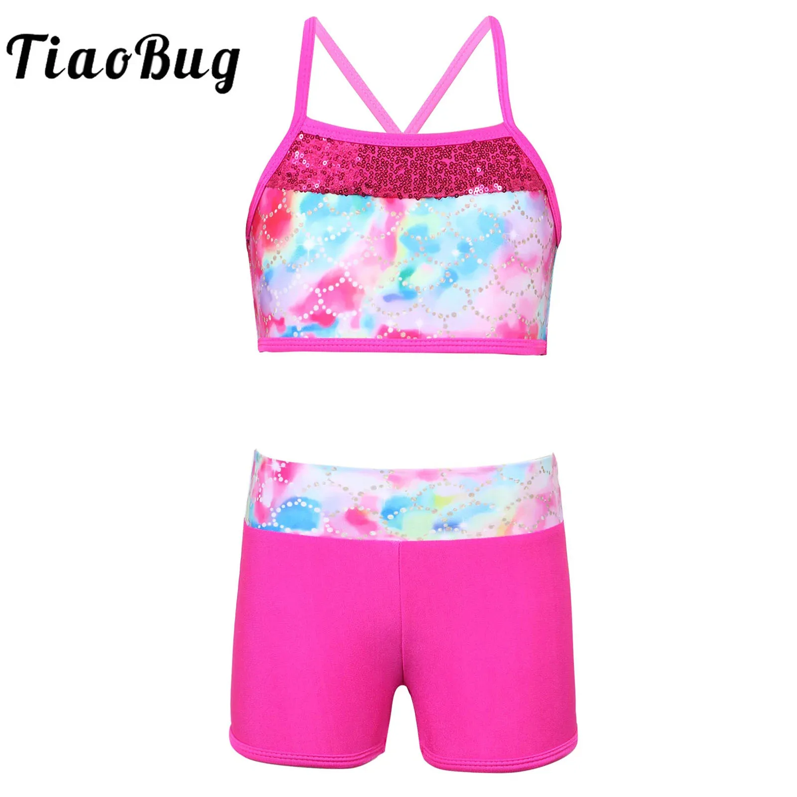 Top Trends: Kids Girls Cartoon Print Rhythmic Gymnastics Crop Top Shorts Set Sequins Mermaid Scales Practice Ballet Class Dancewear Outfit Shoppable Styles