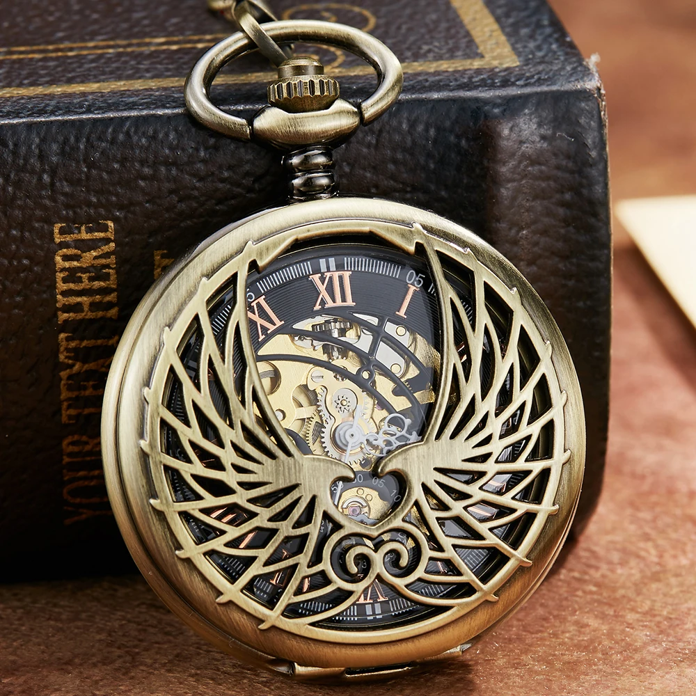 Top Trends: Angel Double Wings Vintage Mehanical Pocket Watch FOB Chain Roman Dial Hollow Skeleton Hand Wind Mechanical Mens Womens Watch Shoppable Styles