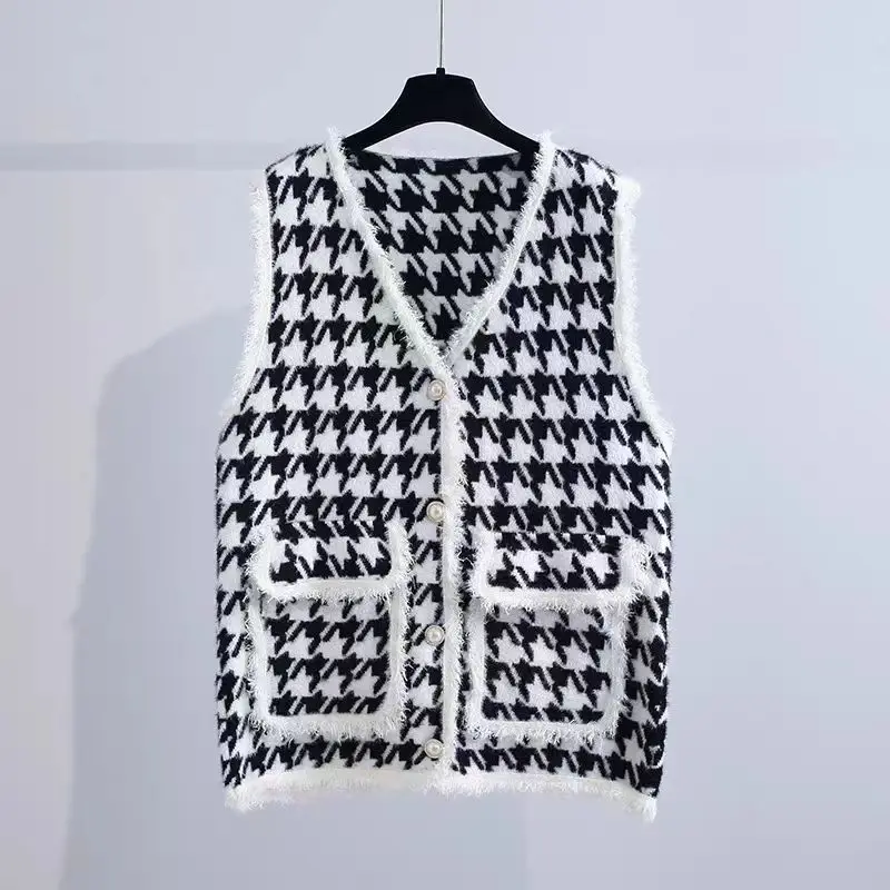 Top Trends: 2023 Autumn Women's Thousand Bird Plaid Imitation Mink Fleece Vest Coat Loose Sleeveless Casual Comfortable Versatile Coat Top Shoppable Styles