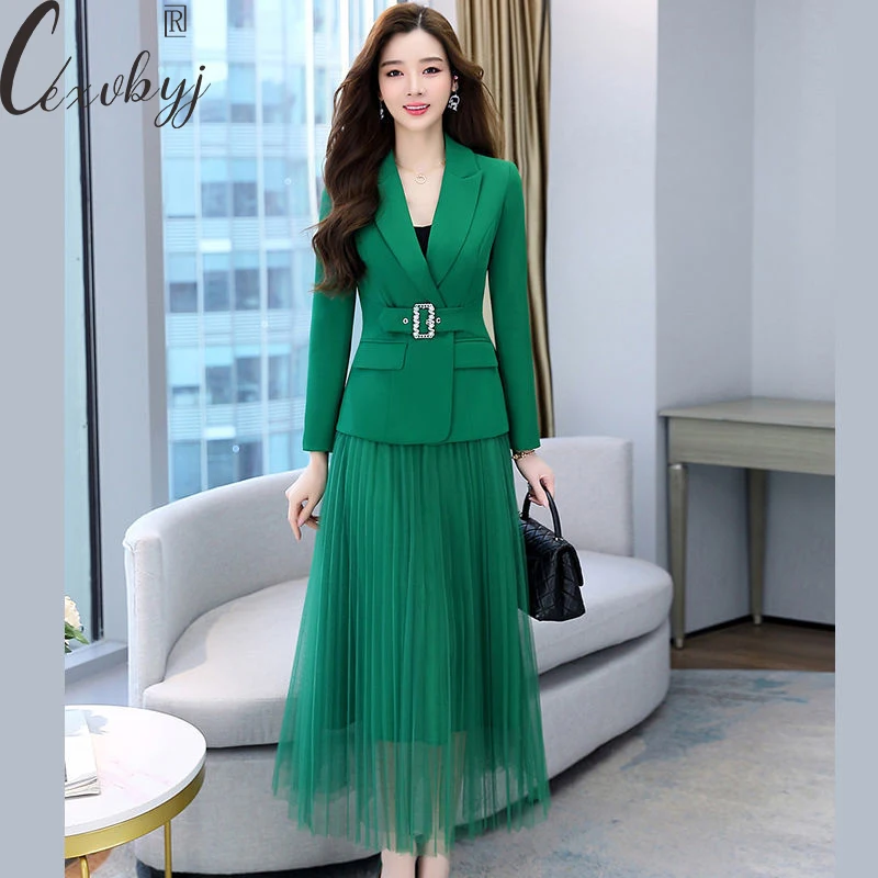 Top Trends: Women&#039;S Skirt Set 2023 Korean Fashion Business Two Peice Suits Solid Colors Blazer Coat With Belt + Mesh Skirt Elegant Outfits Shoppable Styles