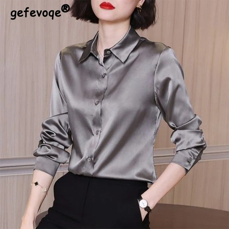 Top Trends: Spring Summer Office Lady Solid Long Sleeve Satin Shirt Female Simple All-match Polo-neck Temperament Blouse Top Women Cardigan Shoppable Styles