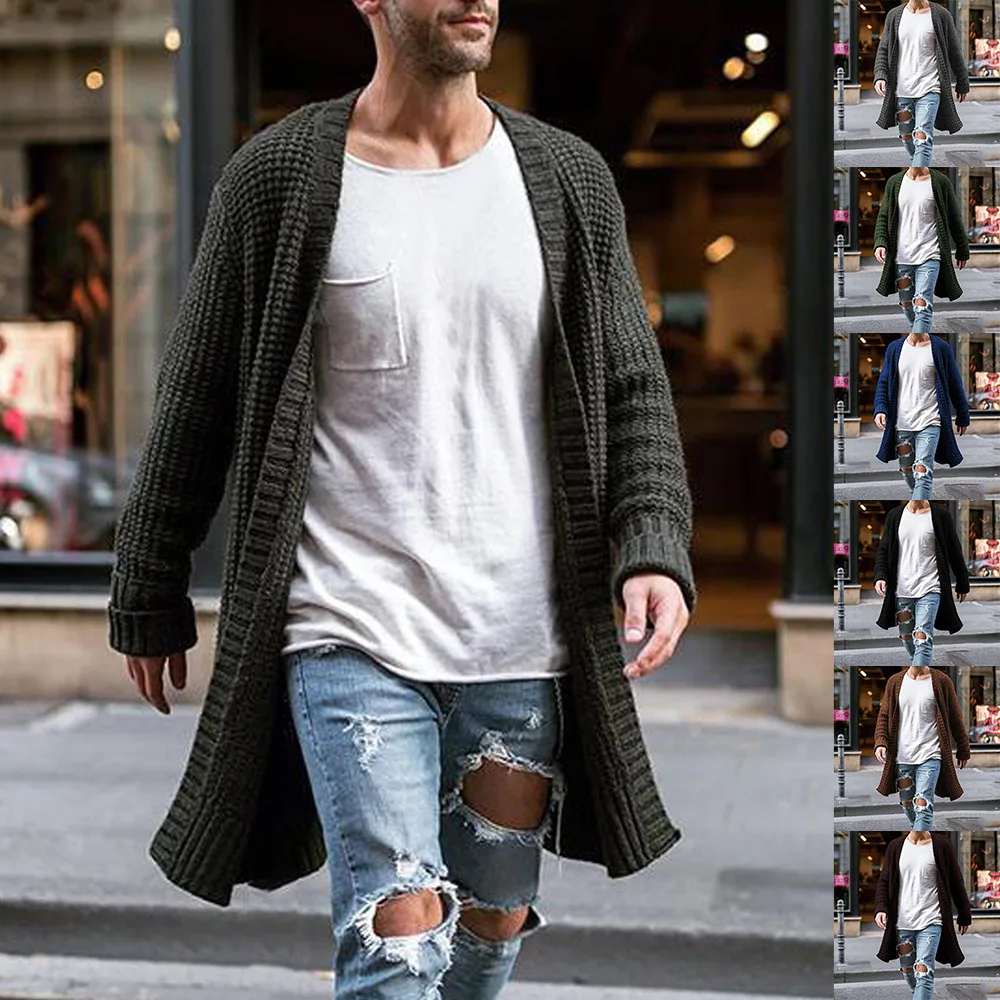 Top Trends: Men Knit Cardigans Sweater Coats Fashion Trench Solid Color Open Front Long Sweaters Coat Male Clothes Shoppable Styles