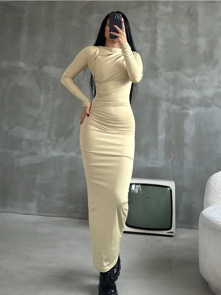 Top Trends: Tossy Pleated Long Sleeved Slim Maxi Dress Women Solid Fashion Elegant Party Dress Gown Off-Shoulder High Waist Bodycon Dress Shoppable Styles - Image 3