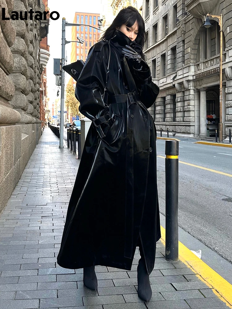 Top Trends: Lautaro Spring Autumn Extra Long Oversized Cool Reflective Shiny Black Paten Leather Trench Coat For Women Belt Runway Fashion Shoppable Styles