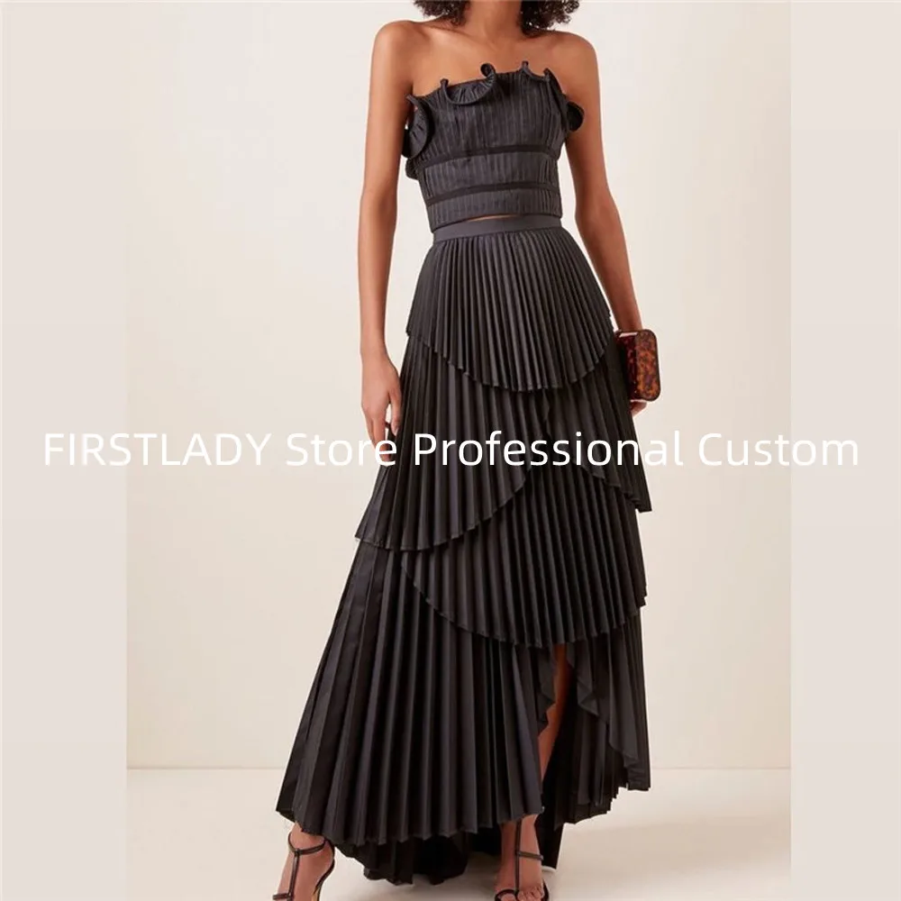 Top Trends: Modern Black Draped Two Pieces Evening Dresses Strapless Prom Dresses Tiered Long Women Formal Party Dress Robes De Soiree Shoppable Styles