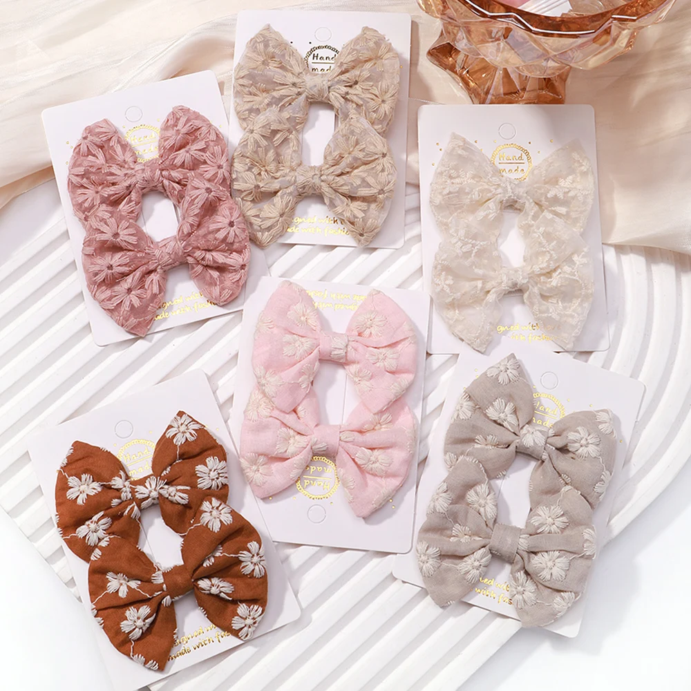 Top Trends: 2Pcs / set Bows For Girls Hair Pins Embroidery Printing Hair Clips Solid Color Bowknot Handmade Barrettes Kids Hair Accessories Shoppable Styles