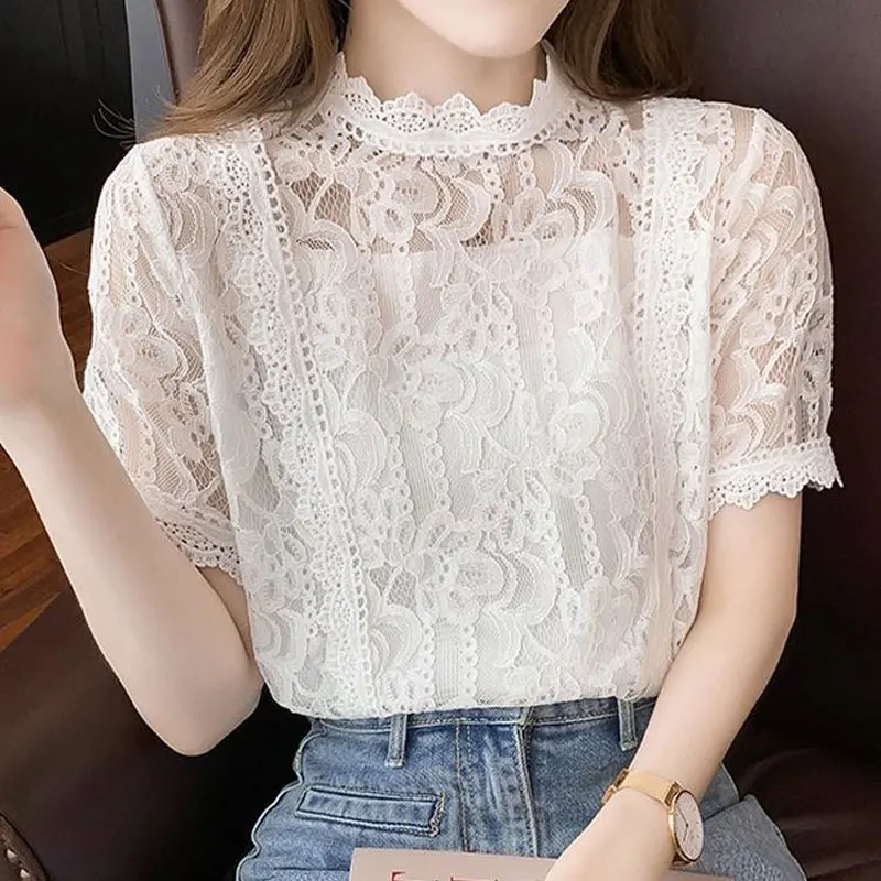 Top Trends: Elegant Lace Hollow Out Shirt Office Lady Summer Solid Color All-match Short Sleeve Fashion Stand Collar Straight Blouse 2023 Shoppable Styles - Image 5